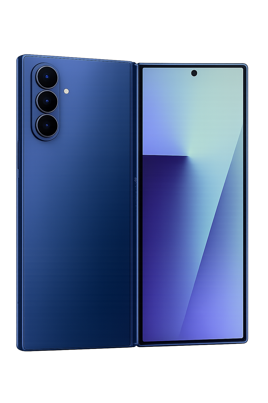 Een blauwe smartphone met drie camera's aan de achterkant en een groot scherm met een kleine voorkant en een centrale camera