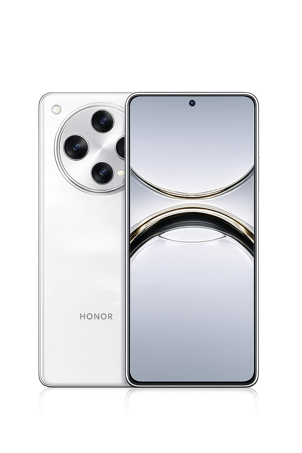 Een witte Honor-smartphone met drie camerab tonen en twee grote camera lenzen op de achterkant, en een ander model met een groot scherm en een centrale voorkant camera, beide tegen een kleurrijke, digitale achtergrond.