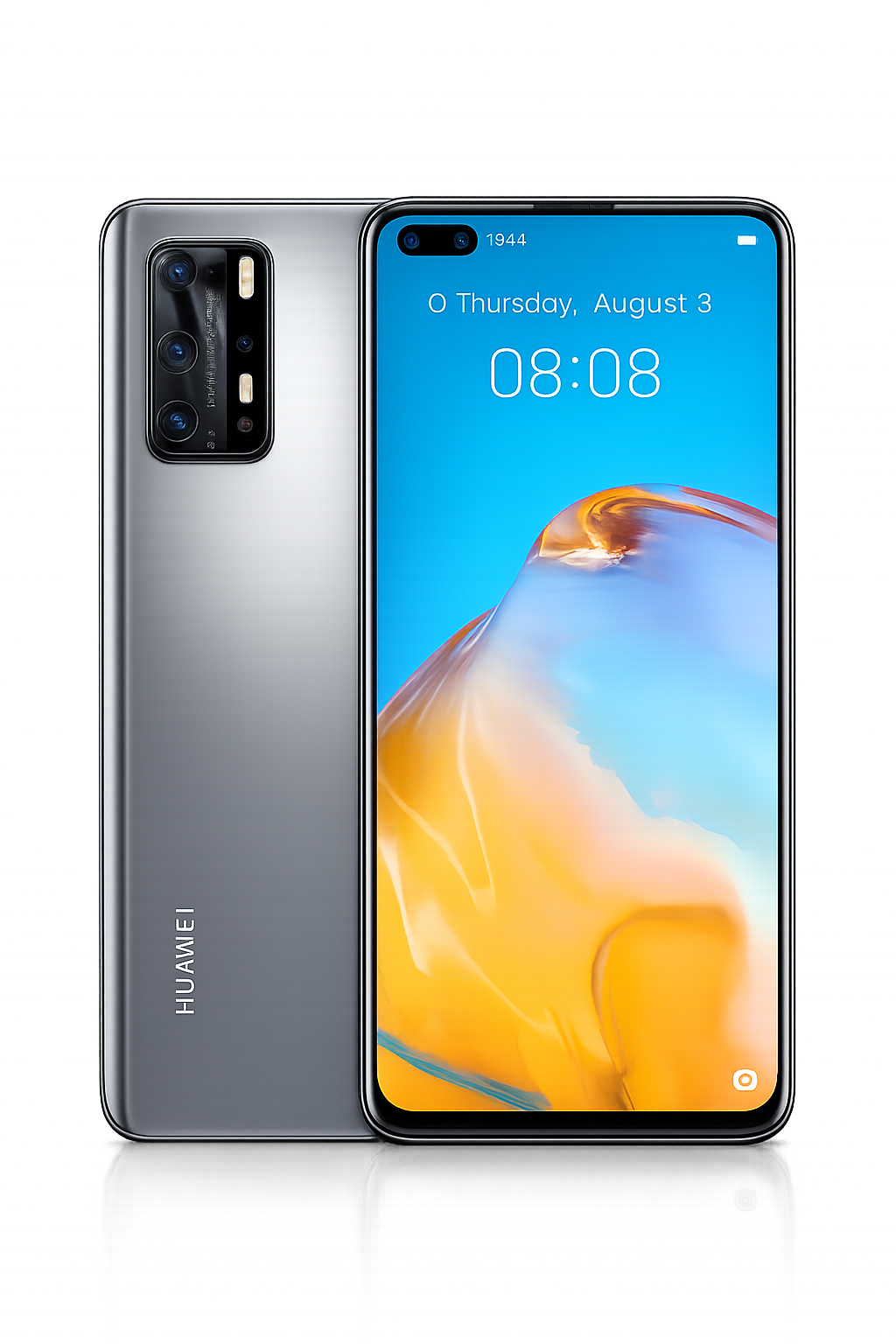 Een smartphone van Huawei met een groot scherm en een drievoudige camera op de achterkant, weergegeven voor een rode en zwarte achtergrond met lichteffecten.