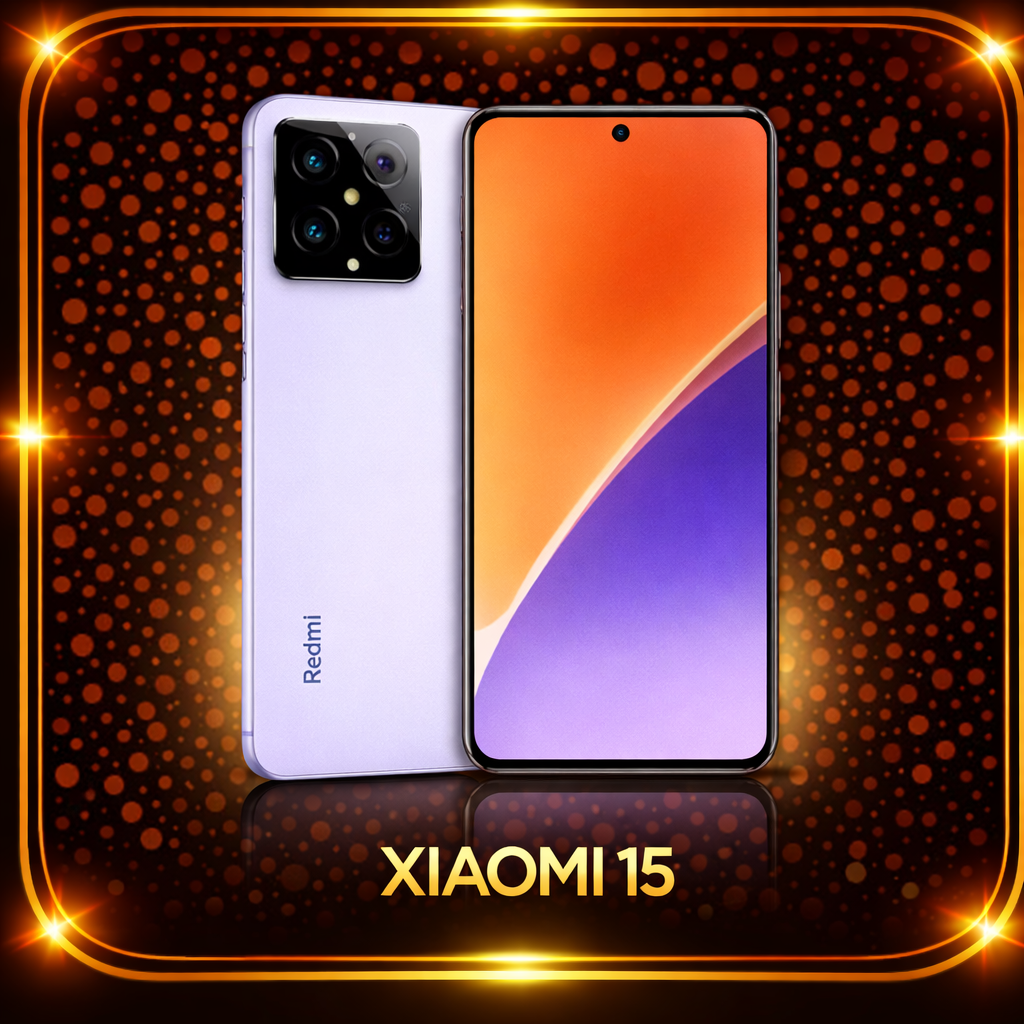 Een afbeelding van een Xiaomi 15 smartphone en een Redmi-smartphone, gepresenteerd voor een zwarte achtergrond met oranje stippen en een gouden rand. De tekst onderaan luidt 'Xiaomi 15'.