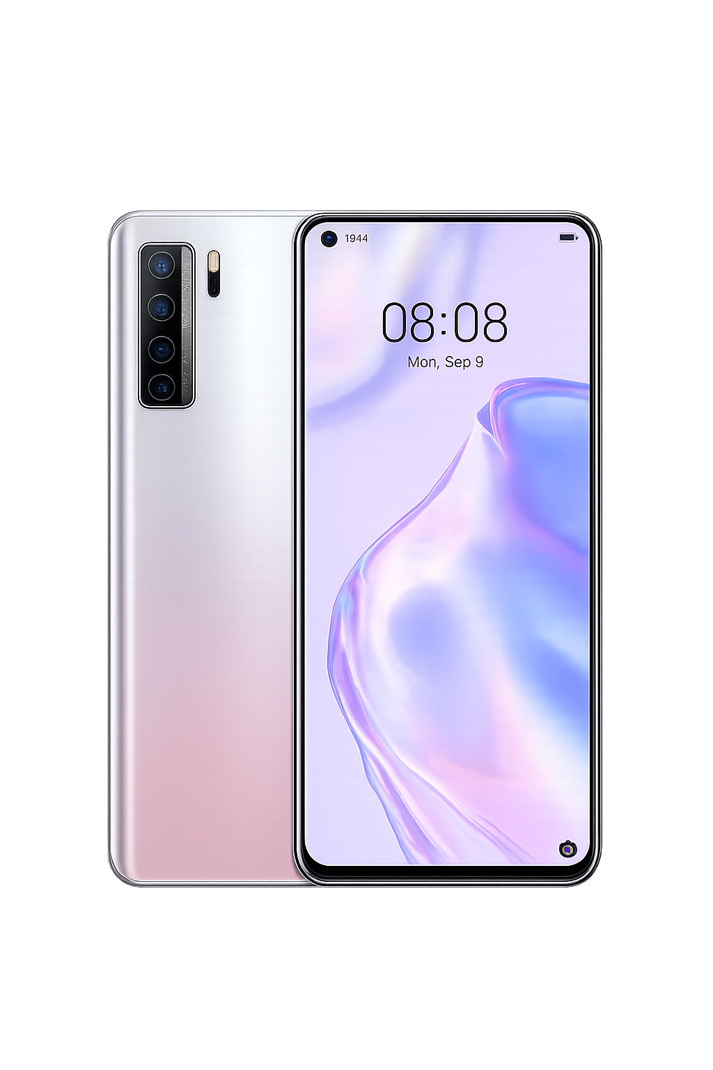 Een smartphone met een groot display en vier camera's aan de achterkant, weergegeven tegen een kleurrijke, digitale achtergrond.