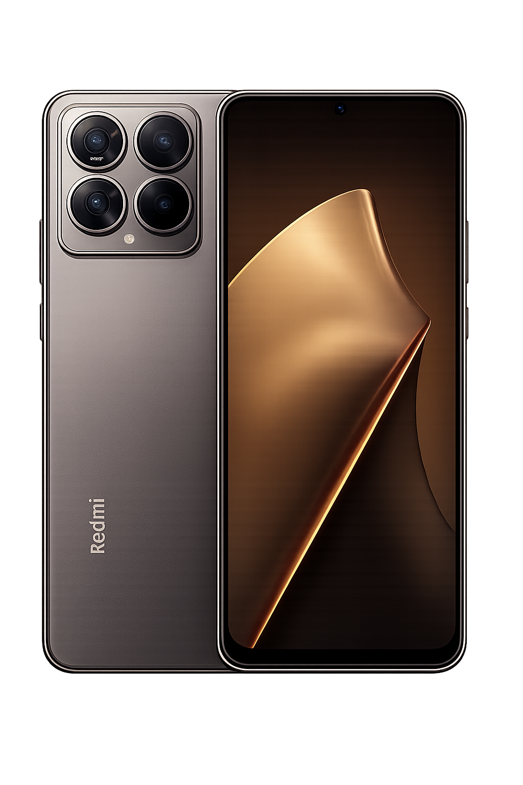 Grote afbeelding van een zilveren Redmi-smartphone met vier camera's aan de achterkant en de beeldscherm aan de voorkant met een gouden en zwarte achtergrond.