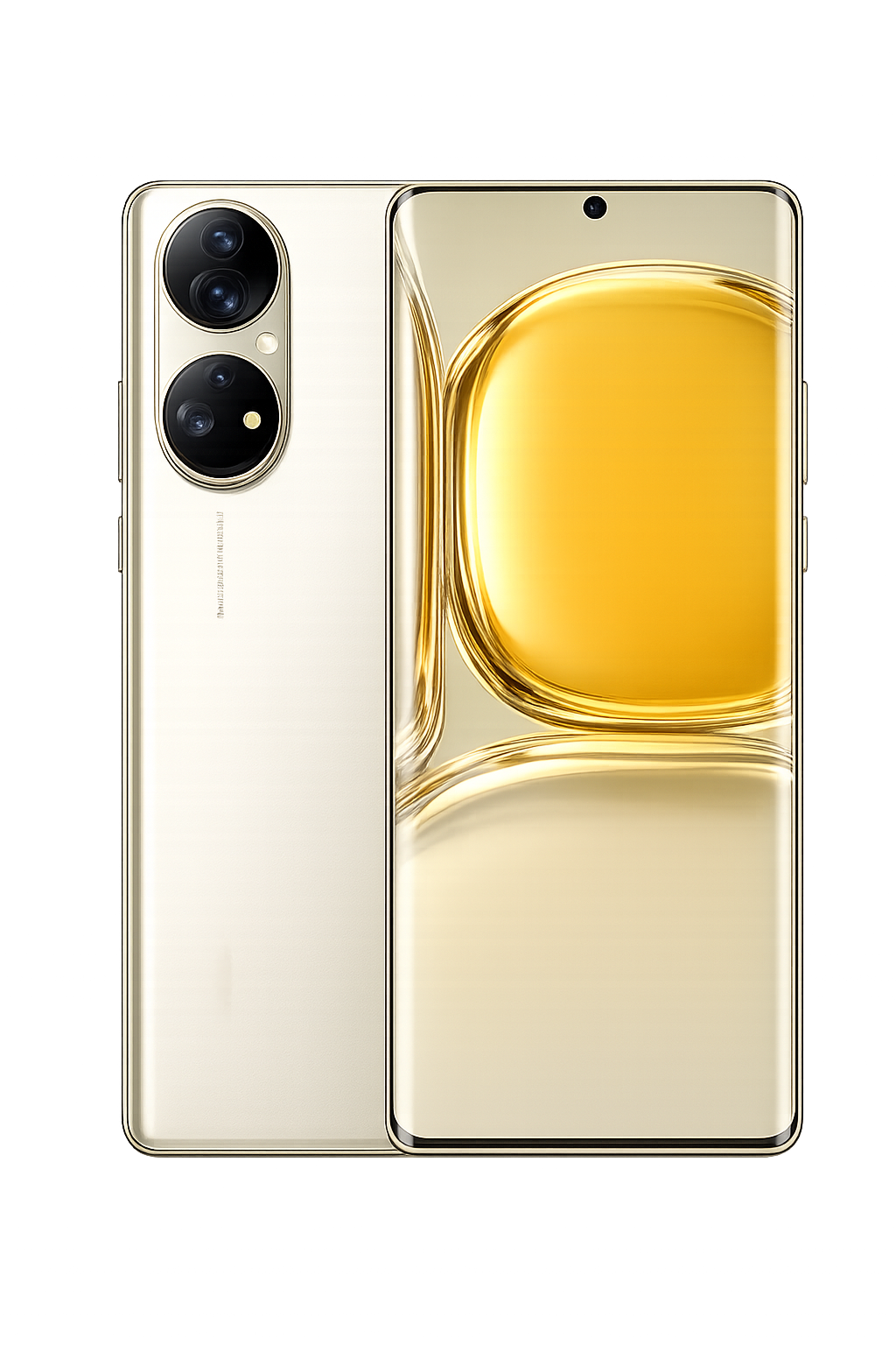 Gouden smartphone met drie camera's op de achterkant en een grote display aan de voorkant.