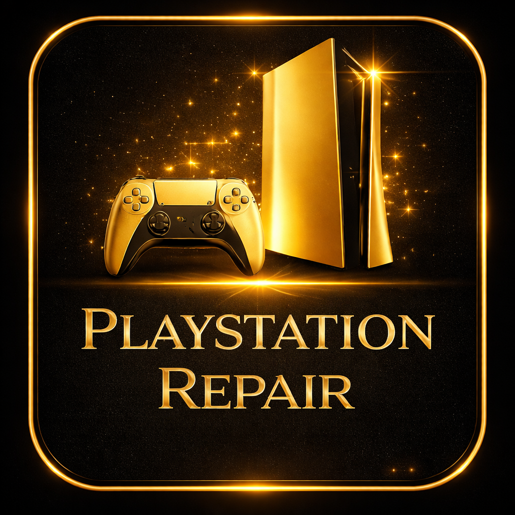 Goldkleurige PlayStation-console en controller met de tekst 'PlayStation Repair' in goudkleurige letters op een zwarte achtergrond met sterren en een gouden rand.