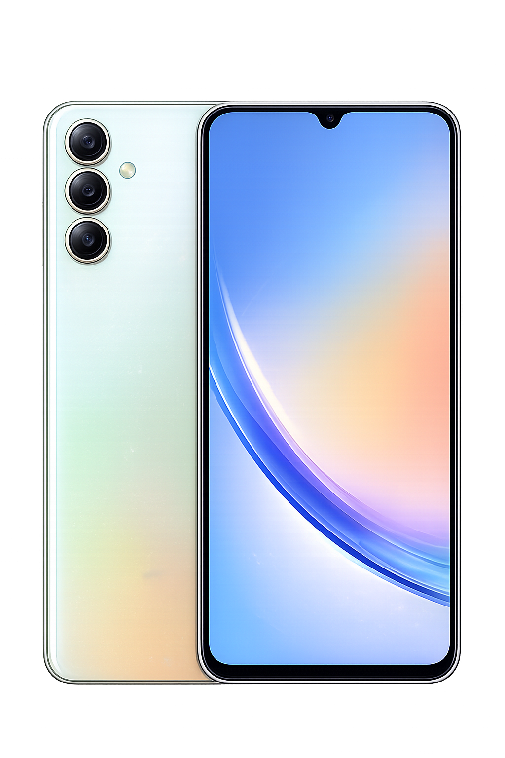 Een moderne smartphone met drie camera's aan de achterkant en een groot scherm met een waterachtig ontwerp. De achtergrond toont kleurrijke lichtstralen.