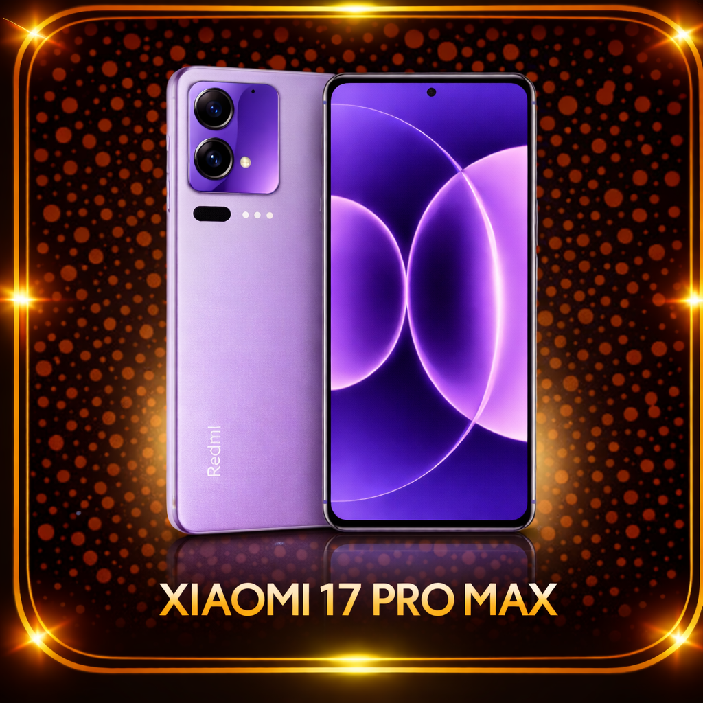 Een afbeelding van een paar Xiaomi 17 Pro Max smartphones, een met de voorkant zichtbaar en de ander met de achterkant, in een paarse kleur. De achtergrond heeft een zwart en oranje stippenpatroon met een goudkleurige rand.