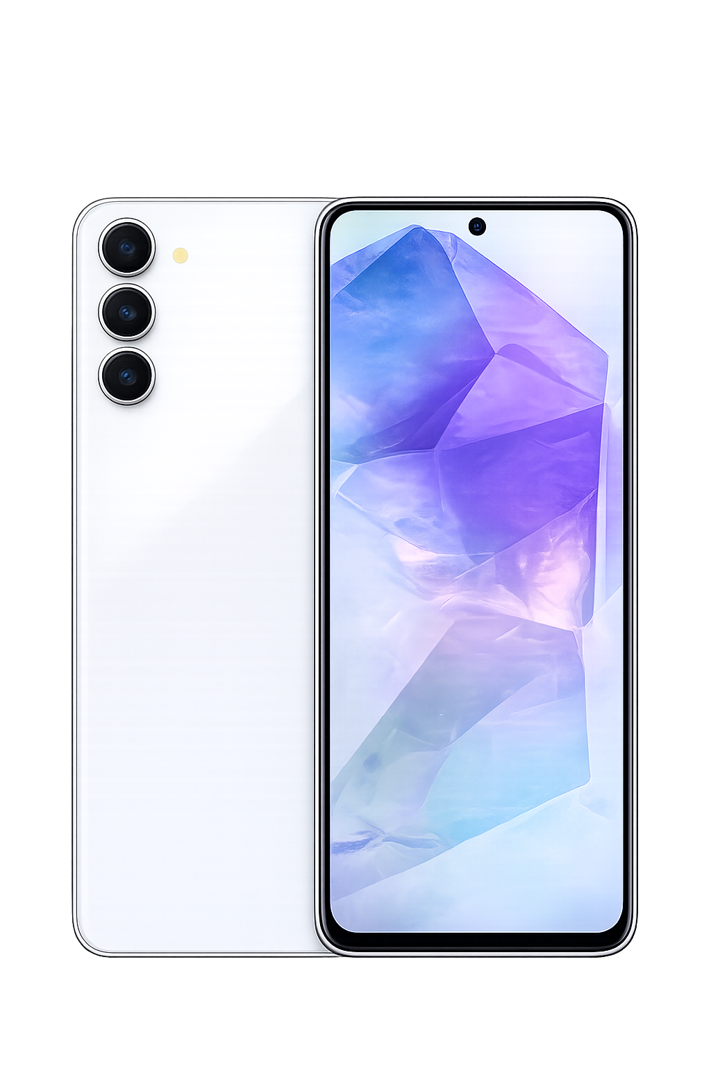Een moderne smartphone met drie camera's aan de achterkant en een groot scherm met een gedetailleerd, kleurrijk display.