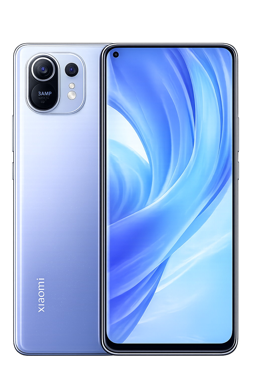 Een lichteblauwe smartphone met een groot scherm en een driedubbele camera achterzijde.