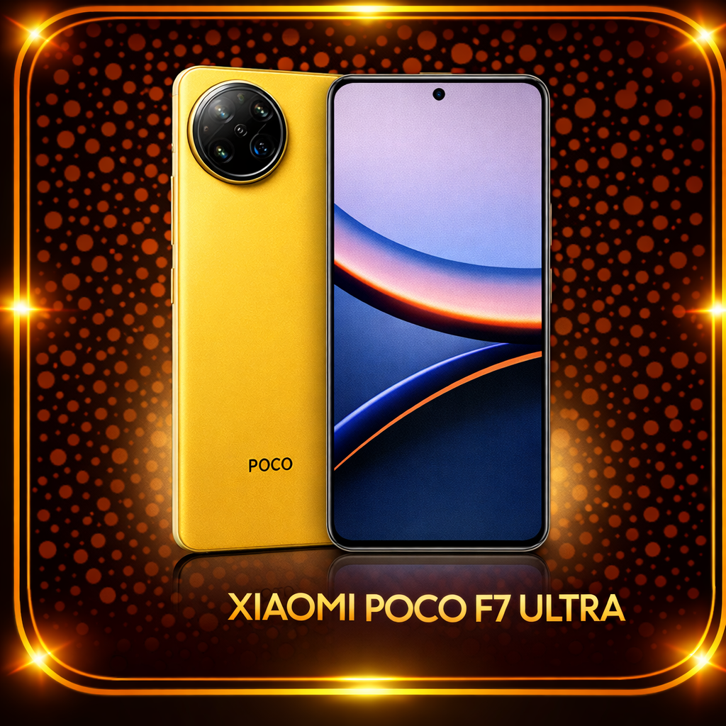 Een gele Xiaomi POCO F7 Ultra smartphone met een zwart scherm en een camera met vier lenzen aan de achterkant, geplaatst op een achtergrond met oranje stippen en een gouden rand.
