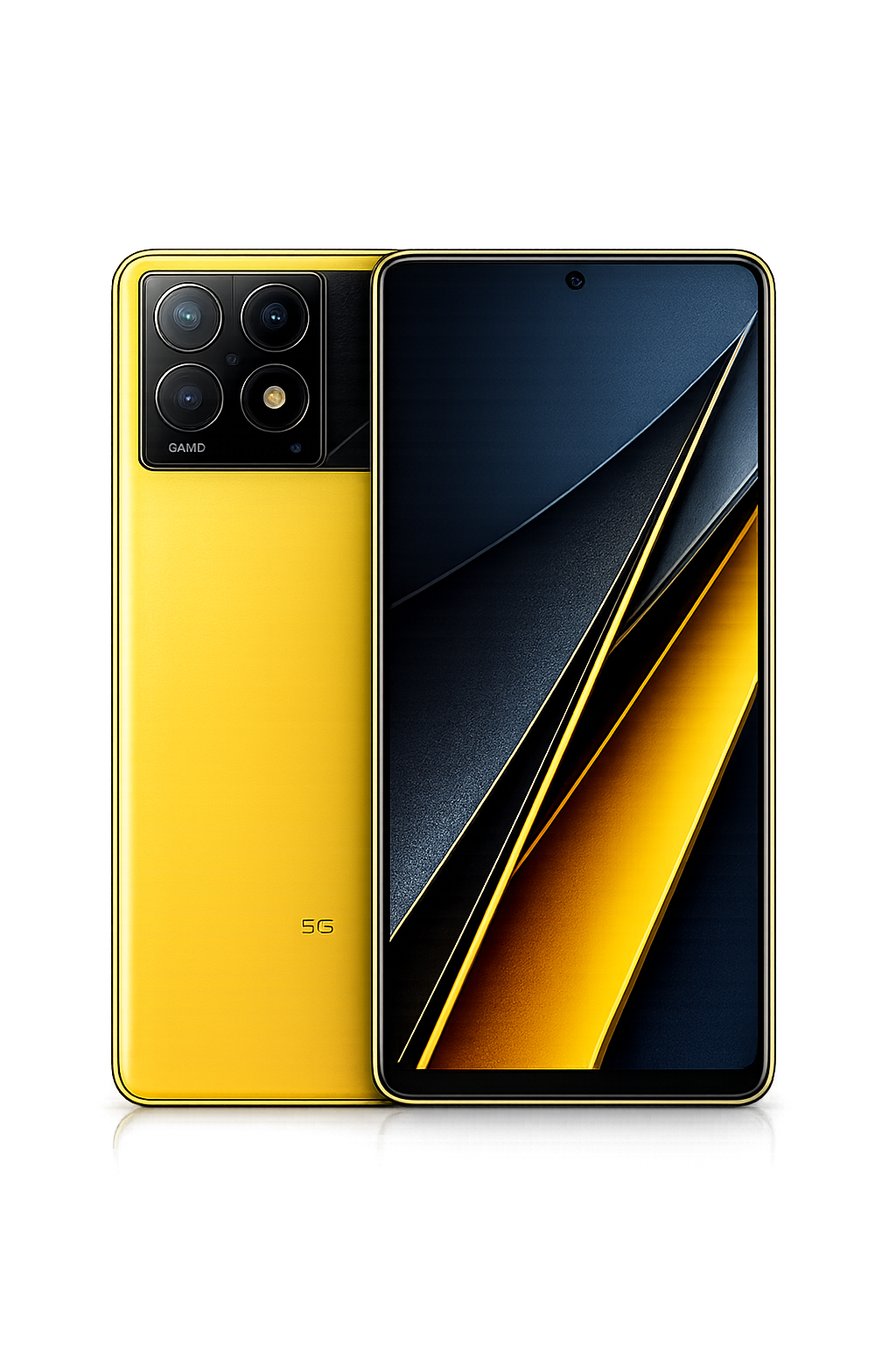 Een nieuwe gele smartphone met een grote scherm en een vierkante camera module met vier lenzen.