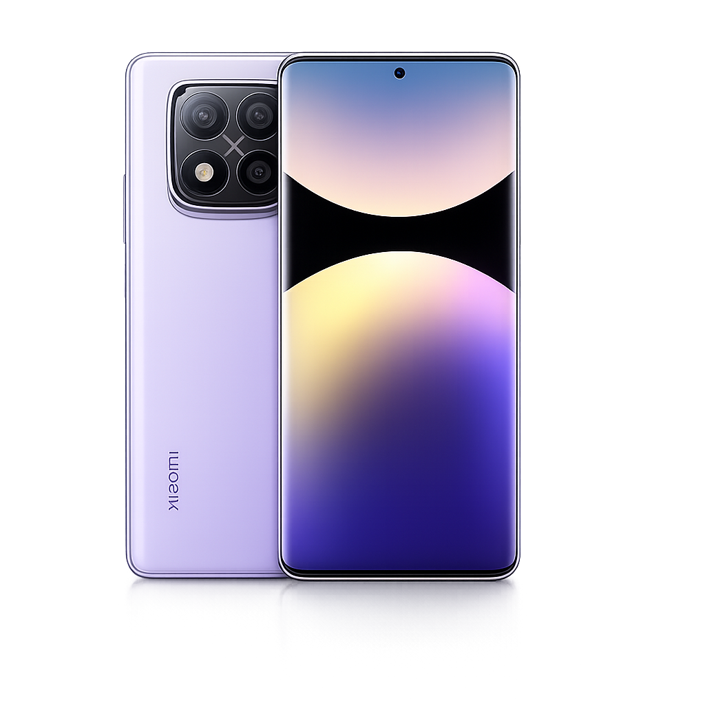 Een moderne smartphone met een groot scherm en een vierlens camera aan de achterkant, geplaatst op een reflecterende zwarte achtergrond.