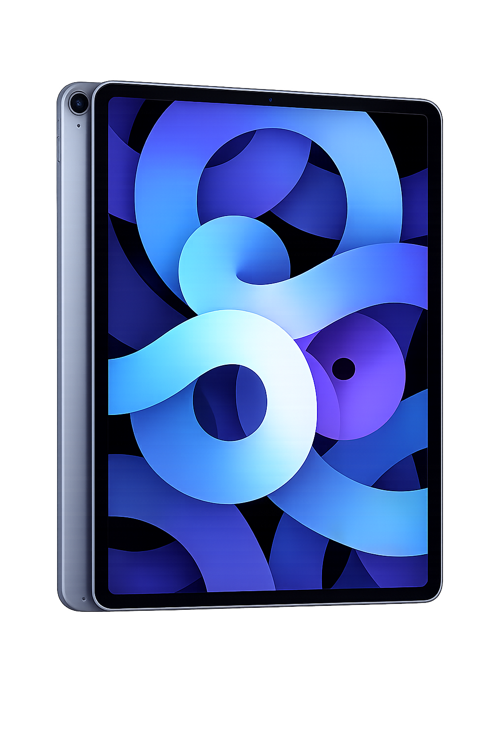 Een slimme tablet met een kleurrijk abstract achtergrond op het scherm, geplaatst tegen een donkere achtergrond met rode en groene lichtreflecties.