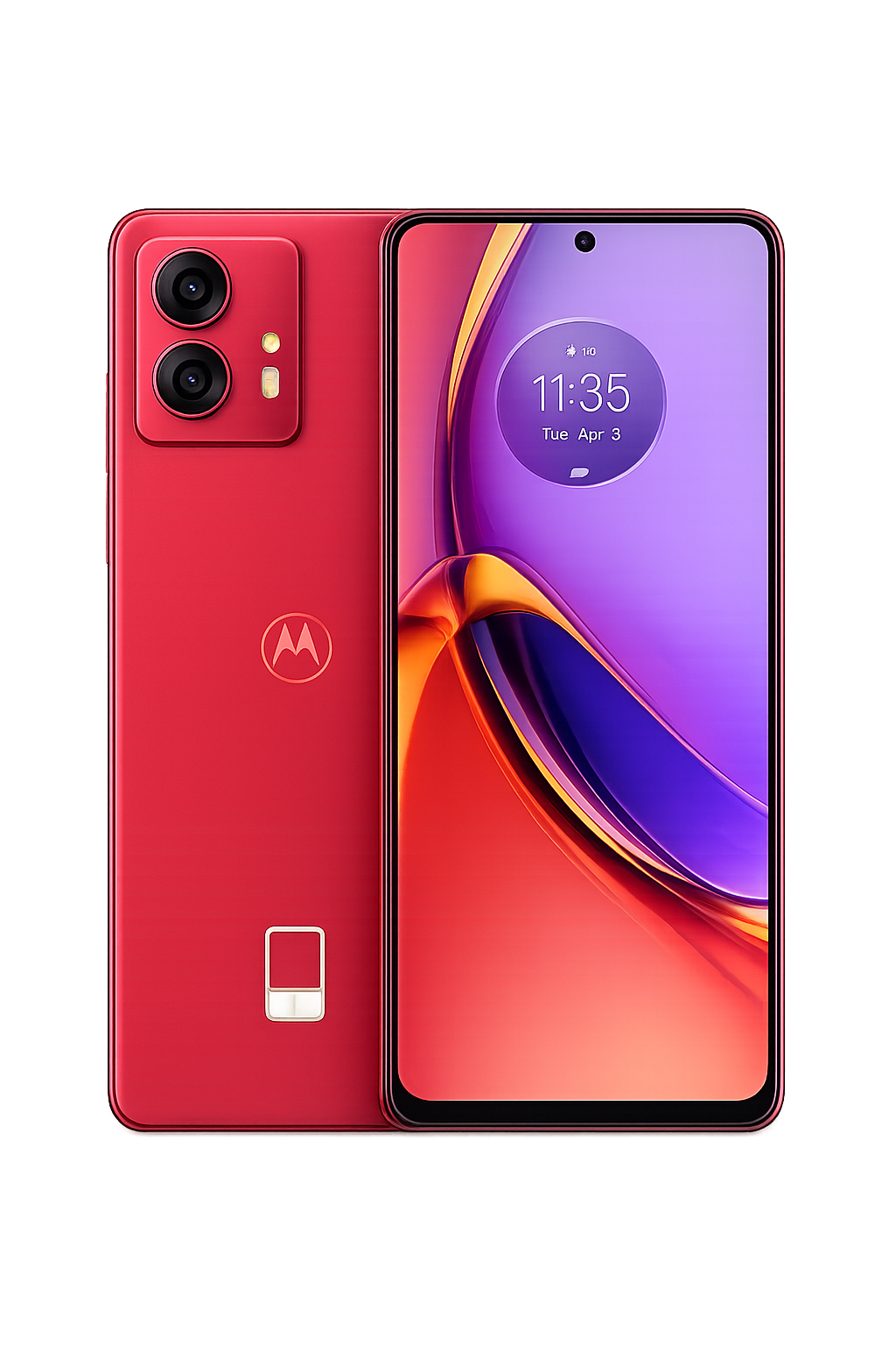 Rode Motorola smartphone met dubbele camera en klok op scherm op zwarte achtergrond.