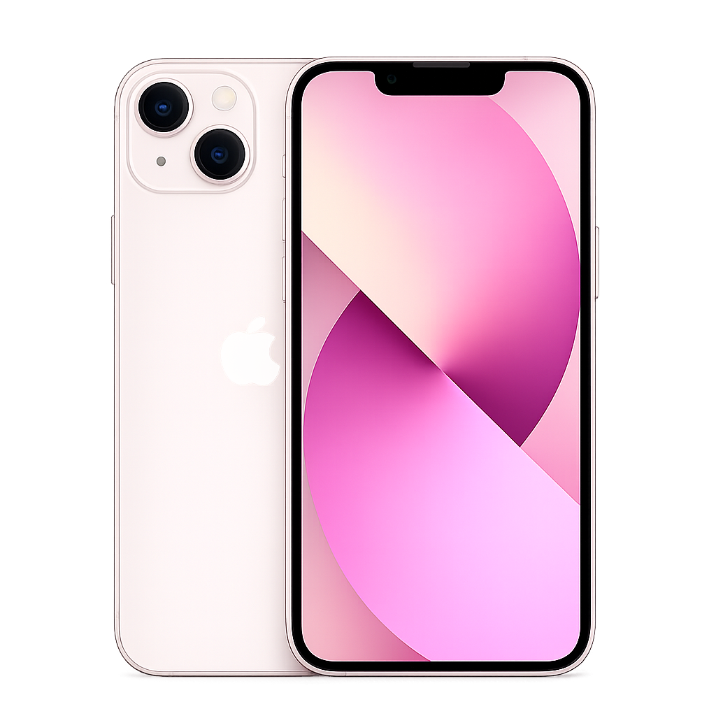 Een witte smartphone met een kleurrijk rood en roze display en een dubbele camera aan de achterkant.