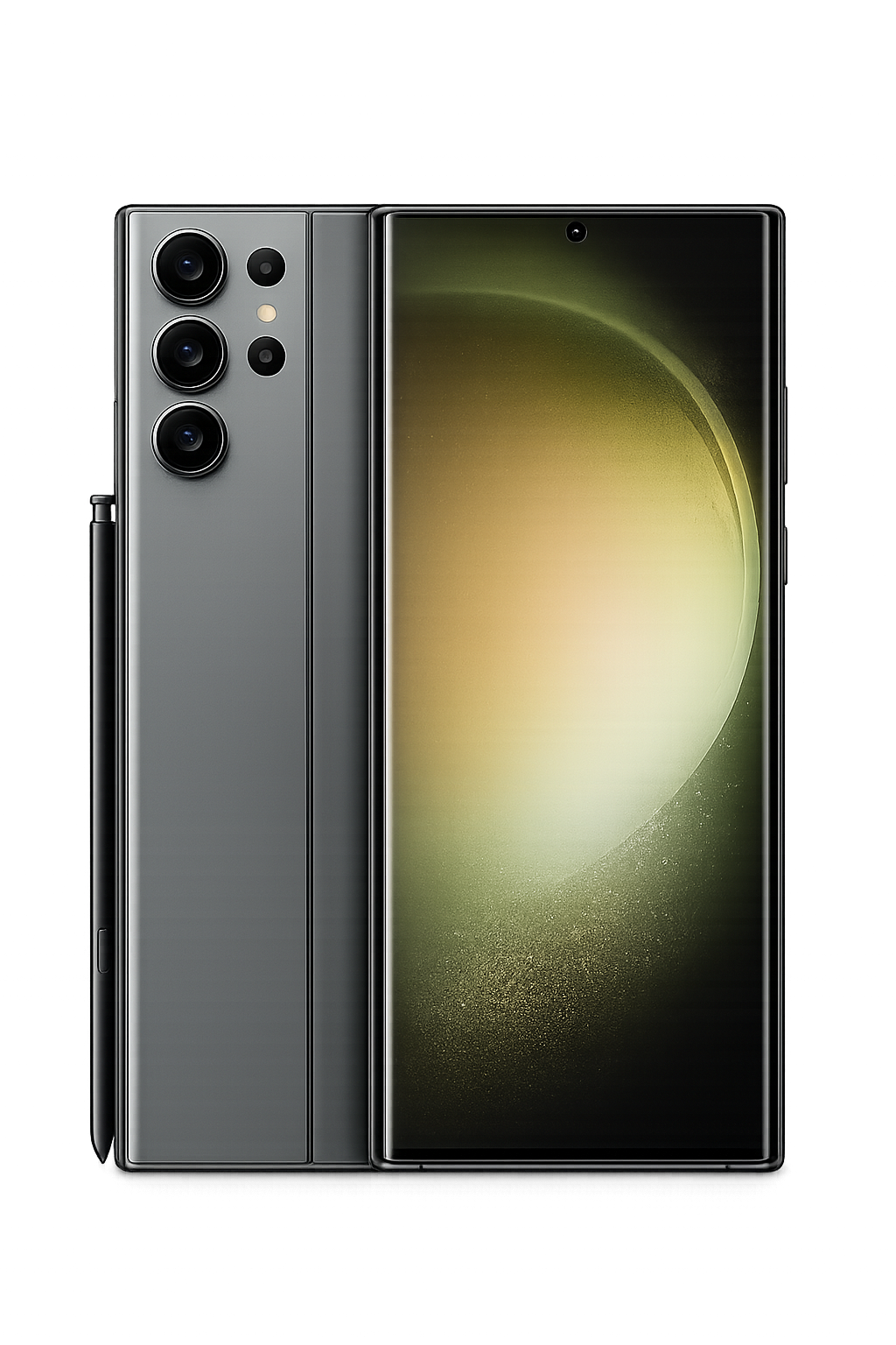 Een moderne smartphone met groot scherm en drievoudige camera aan de achterkant, afgebeeld voor een kleurrijke, creatieve achtergrond.