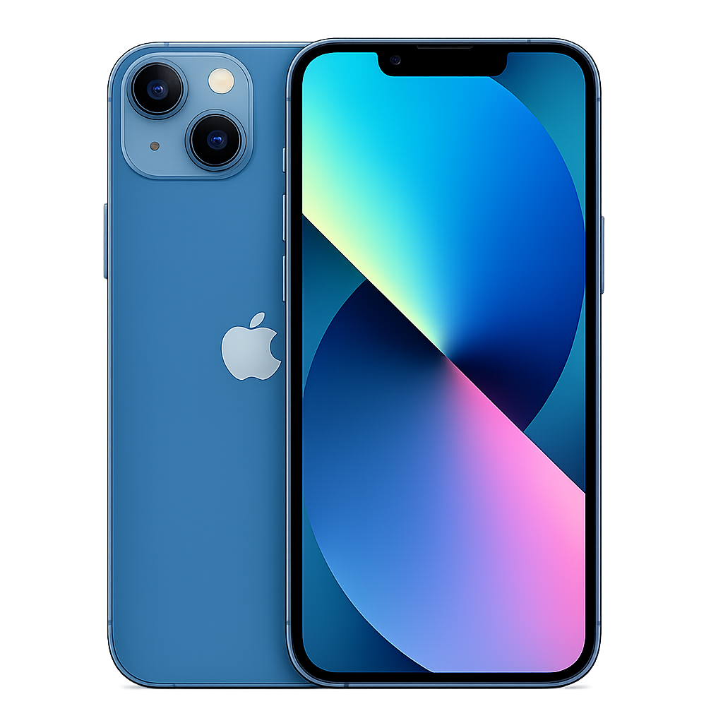 Een blauwe iPhone met een zwart scherm en een dubbele camera aan de achterkant.