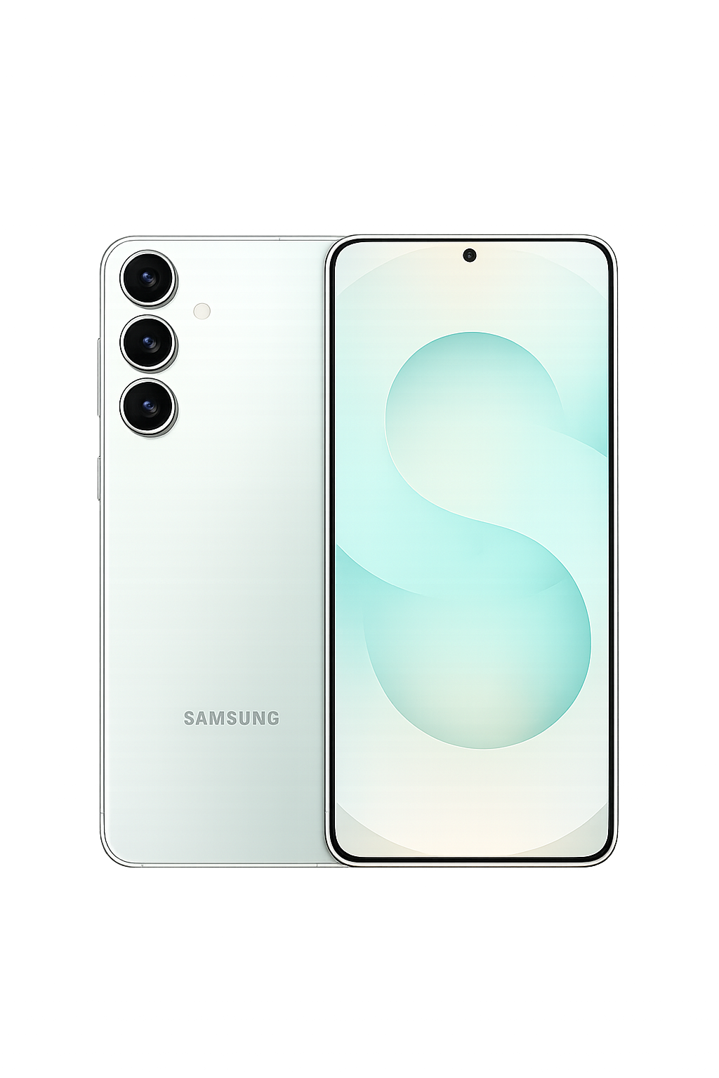 Zicht op een witte Samsung-smartphone met drie camera's en een grote display met een minimalistisch ontwerp.