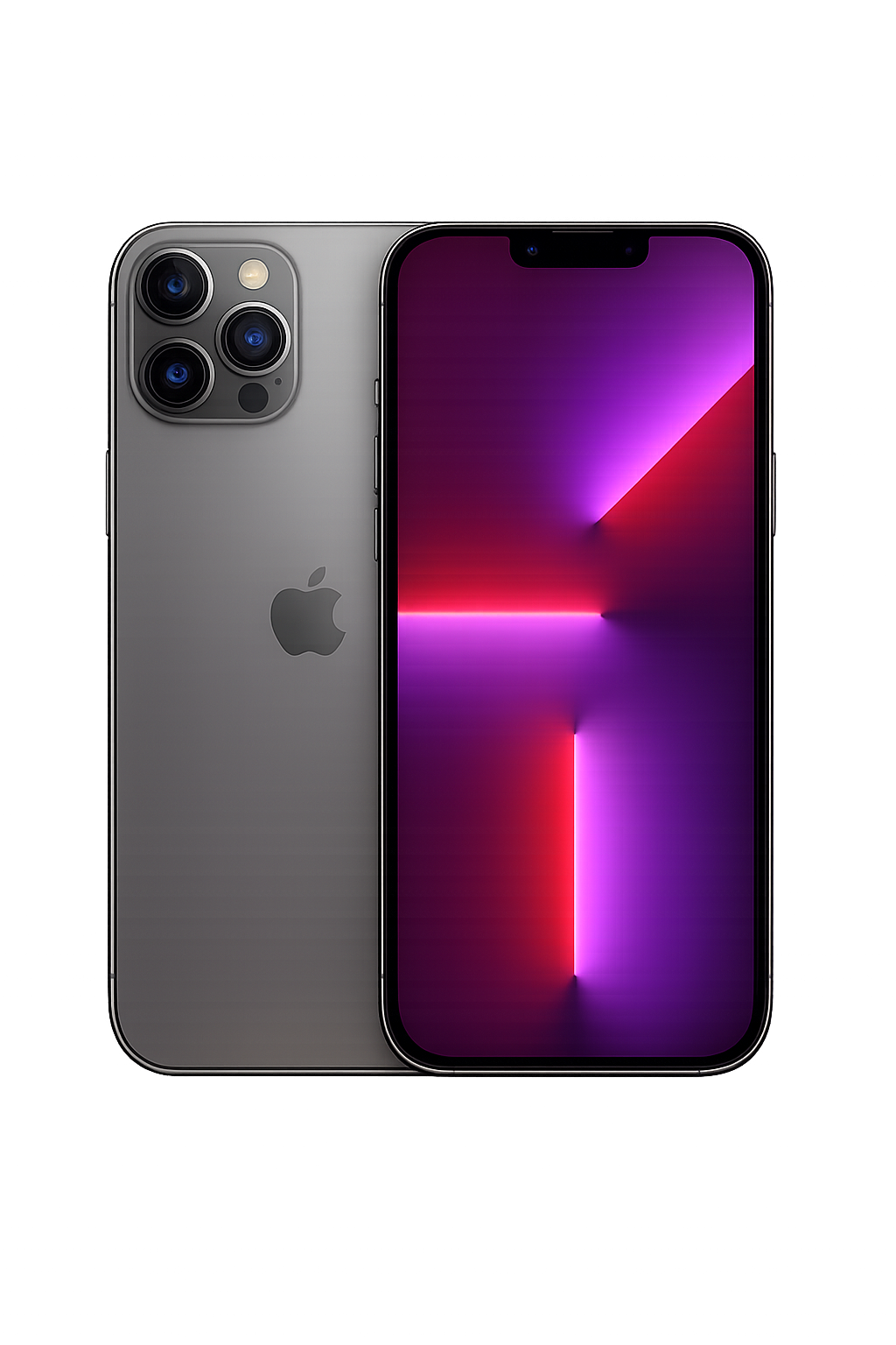 Een zilverkleurige iPhone met drie camera's op de achterkant en een scherm dat een kleurrijk grafisch patroon vertoont.