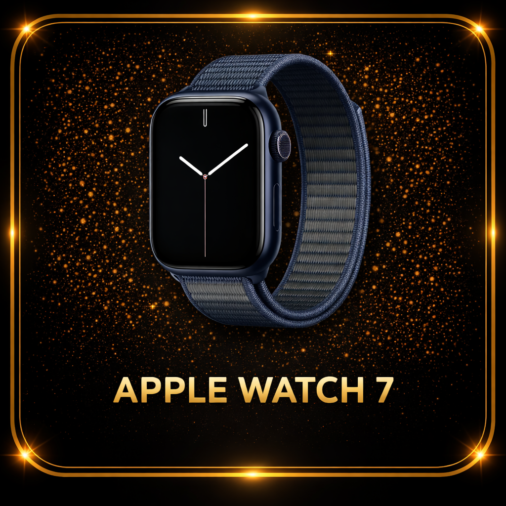 Een Apple Watch 7 met een zwarte band, weergegeven tegen een zwarte en gouden sprankelende achtergrond, met de tekst 'Apple Watch 7' onder de horloge.