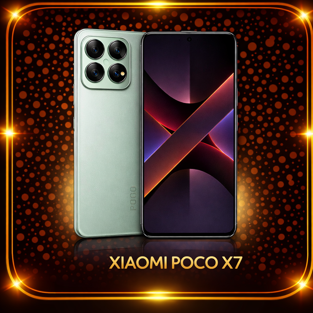 Een afbeelding van een Xiaomi Poco X7-smartphone, met een groene achterkant en een zwart scherm, omlijst door een gouden rand met een achtergrond van oranje en rode vlekken.