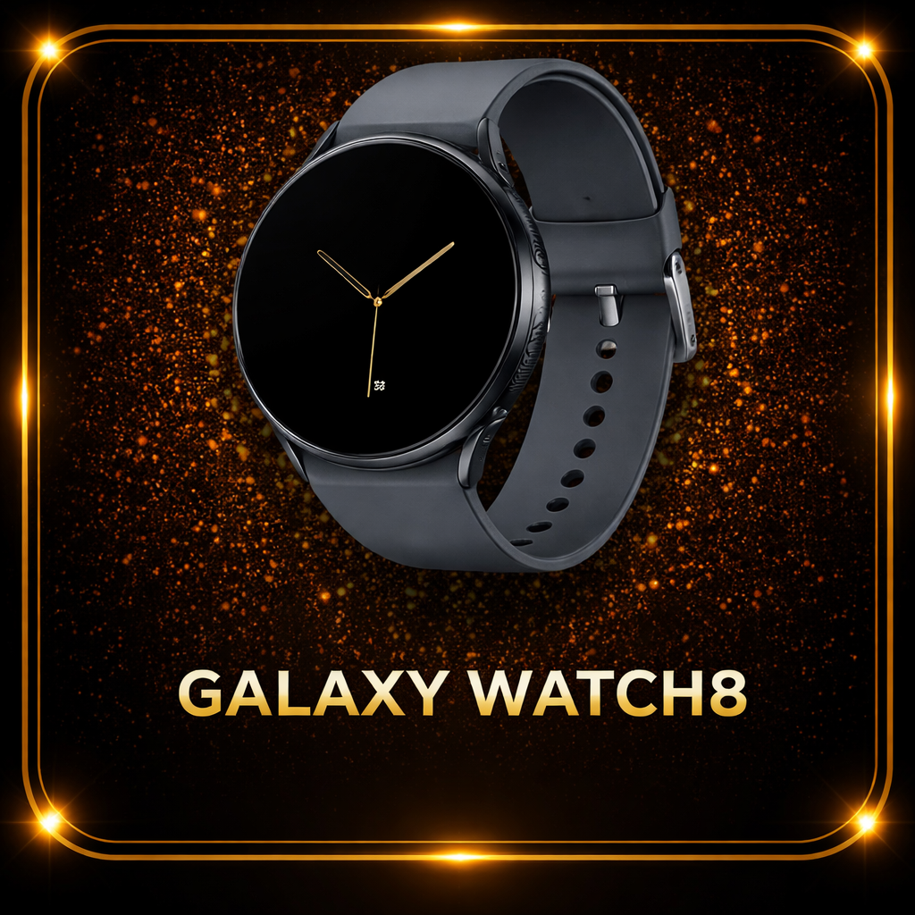 Een slimme horloge genaamd Galaxy Watch8 met een zwart band en een zwart scherm, afgebeeld met een gouden en oranje glinstering op een zwarte en gouden achtergrond.