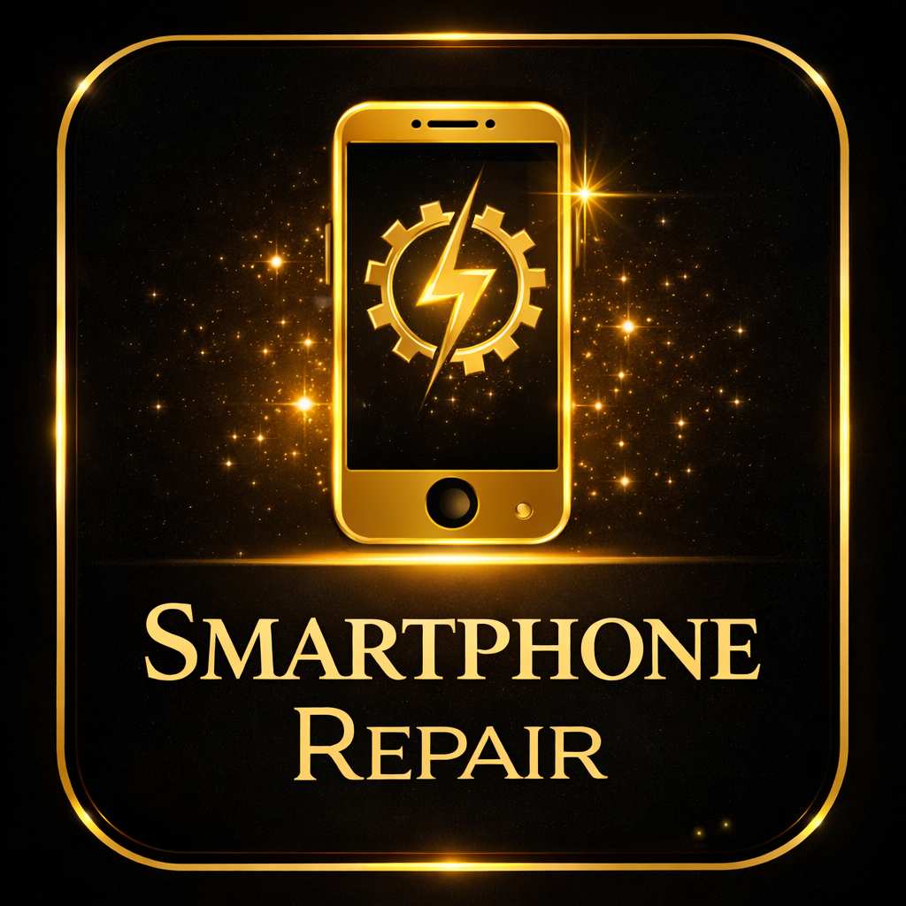 Een gouden smartphone met een verlichte achtergrond en een symbool van een verbrandingsmotorgietstuk met bliksepschicht op het scherm, onder de tekst 'Smartphone Repair' in goud.