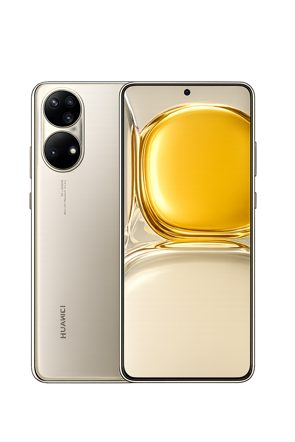 Een goudkleurige Huawei-smartphone met een dubbele camera aan de achterkant en een grote randloze scherm aan de voorkant, geplaatst op een donkere achtergrond met blauwe accenten.