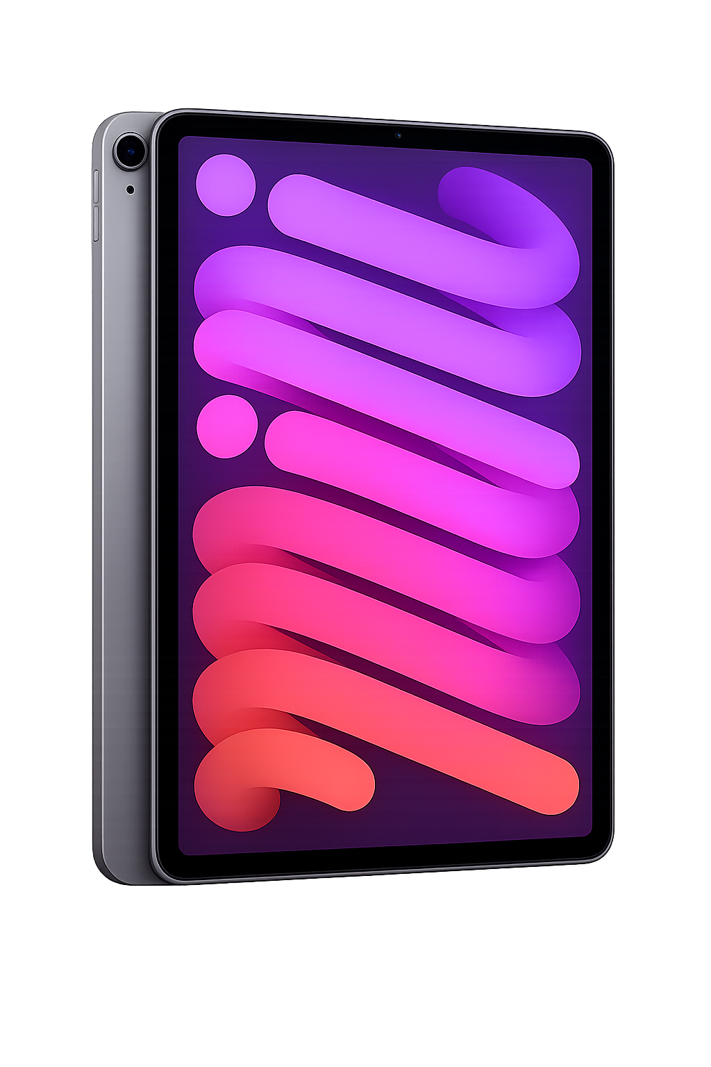 Een nieuwe iPhone met een kleurrijk display in paars, roze en oranje tinten, tegen een donkere achtergrond met lichtreflecties.