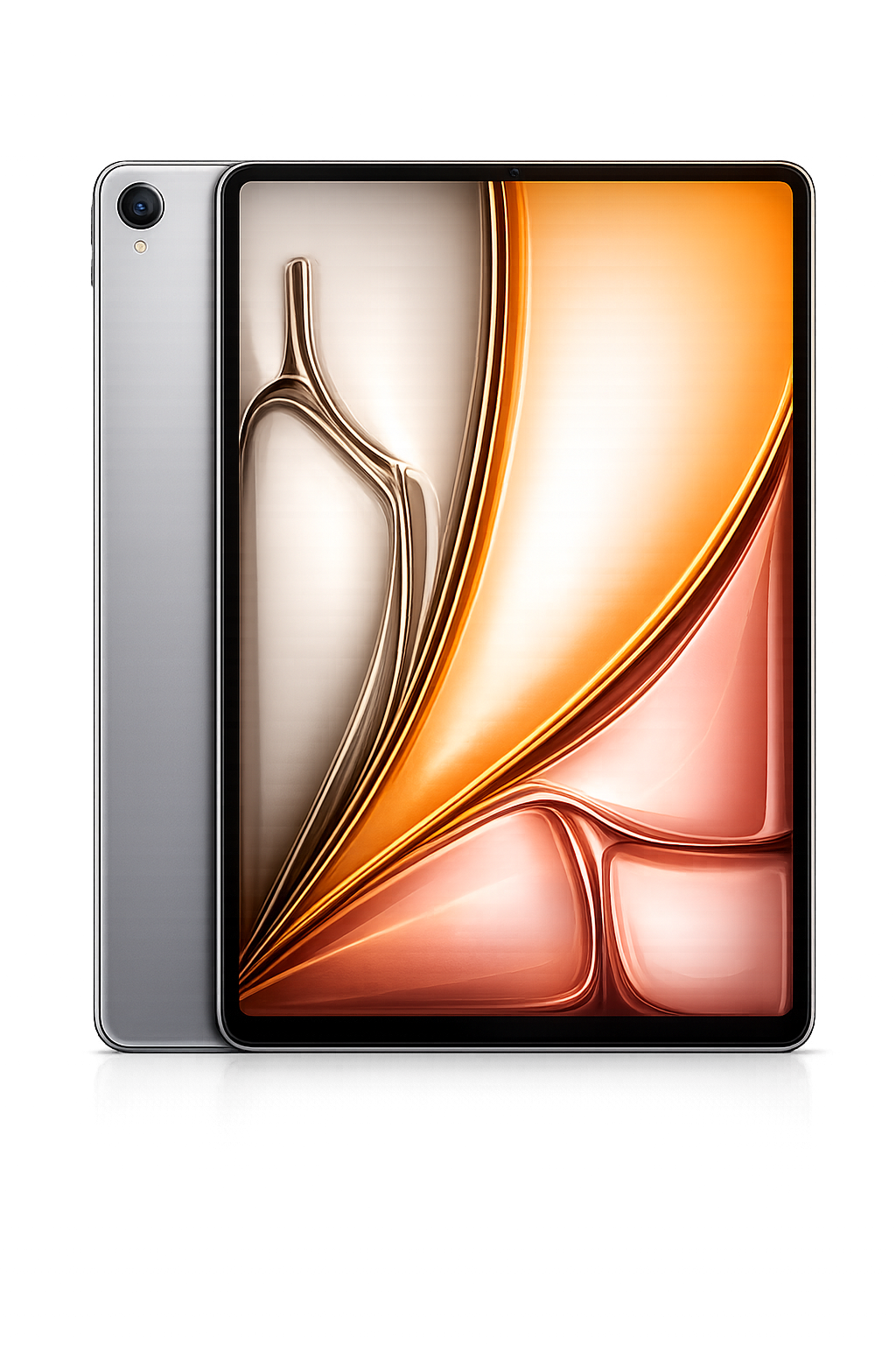 Een nieuwe smartphone met een groot scherm en een enkele camera aan de achterkant, afgebeeld op een zwarte achtergrond met gekleurde lichtstralen.