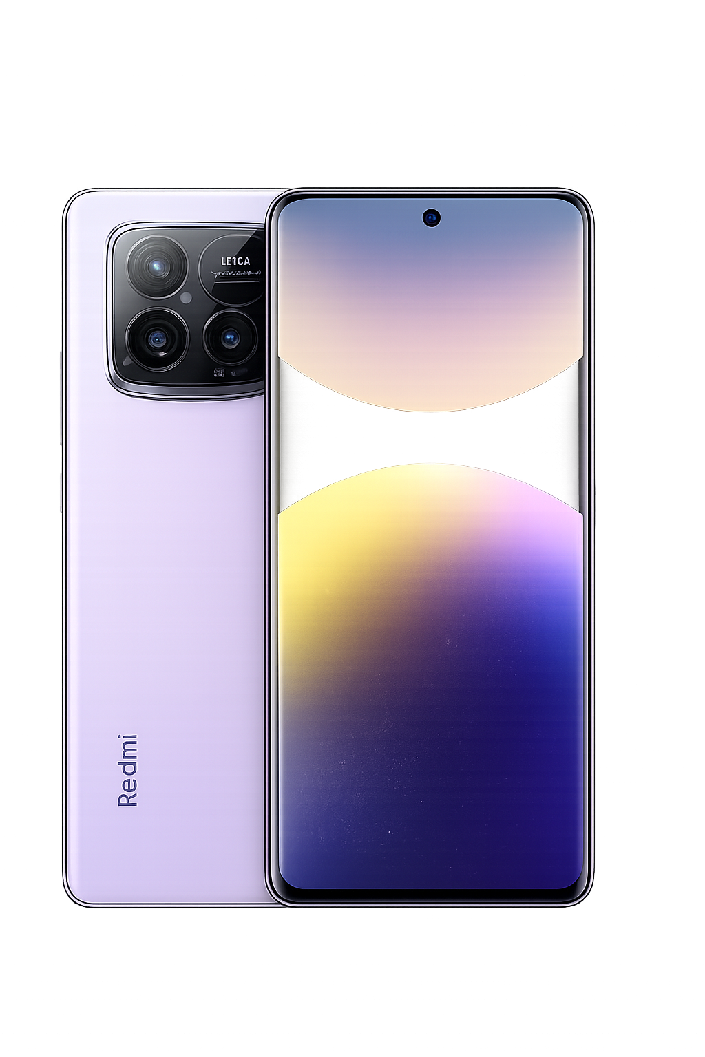Een mobiele telefoon met een groot scherm en een drievoudige camera aan de achterkant, merk Redmi.
