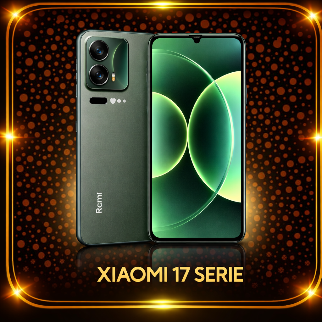 Een Xiaomi 17-serie smartphone met een groene achterkant en dubbele camera, omgeven door een gouden, feestelijke achtergrond met oranje stippen en de tekst 'Xiaomi 17 Serie' onderaan.