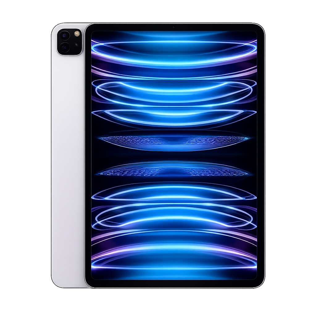 Een iPad met een donker achtergrond en een patroon van blauwe en paarse lichtgolven op het scherm.