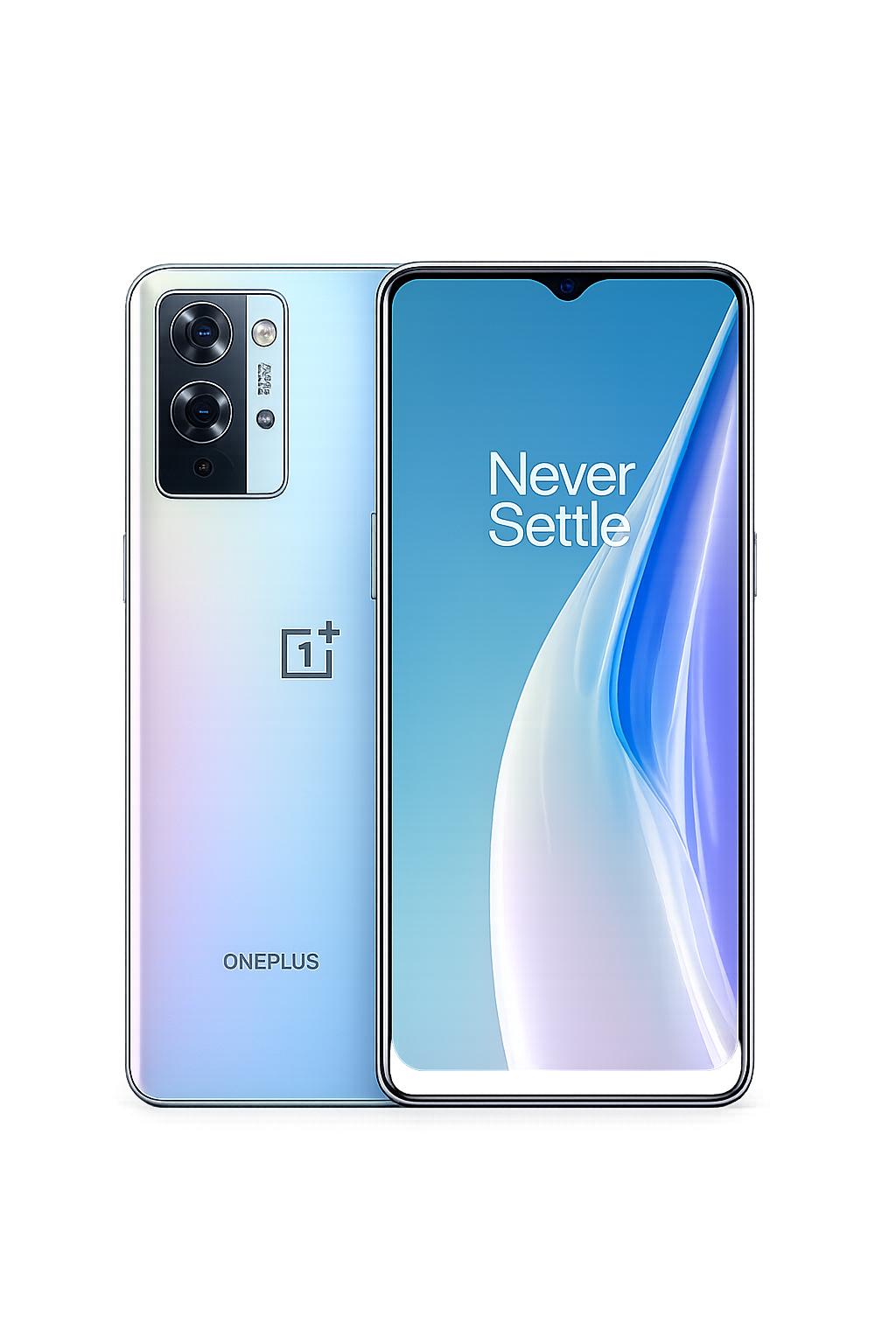 Een Promotiefoto van de OnePlus smartphone met de tekst "Never Settle" op het scherm.
