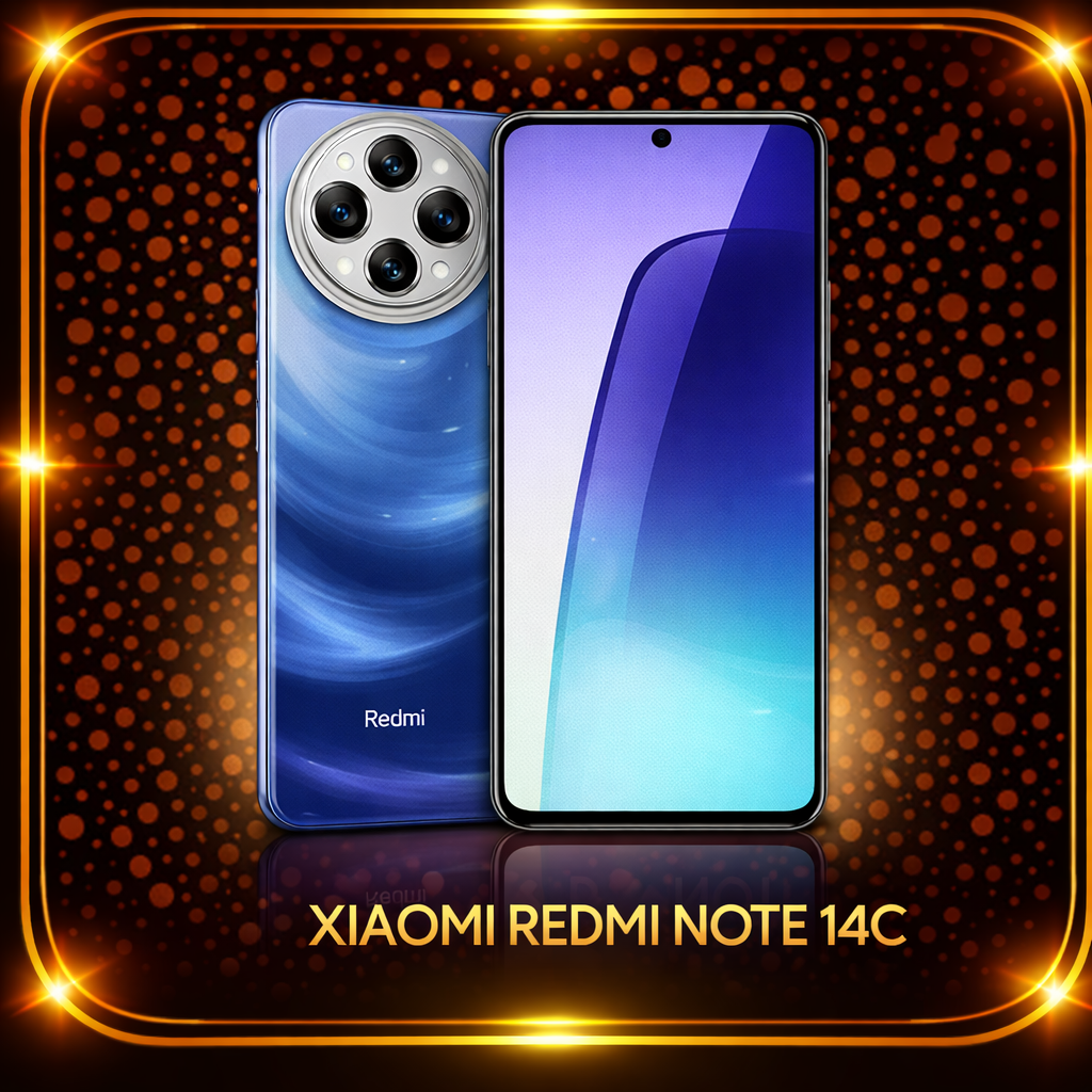 Een afbeelding van de Xiaomi Redmi Note 14C smartphone met een blauwe achterkant en een scherm, tegen een achtergrond met oranje en gouden stippen en randen.