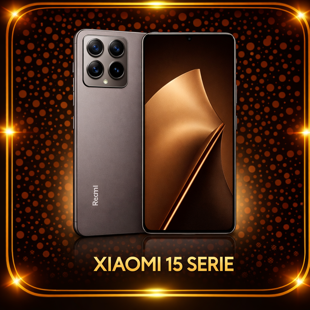 Een geretoucheerde afbeelding van de Xiaomi 15 Serie smartphone met een donkere achtergrond met oranje vlekken, omgeven door een gouden rand en de tekst 'Xiaomi 15 Serie' onderaan.