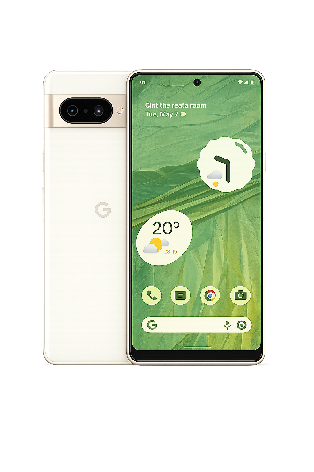 Een Google Pixel-smartphone met een groene achterzijde en een scherm dat de tijd, datum, weersvoorspelling en snelkoppelingen weergeeft, opgesteld op een donkere, lichte achtergrond met kleurrijke lichtstralen.