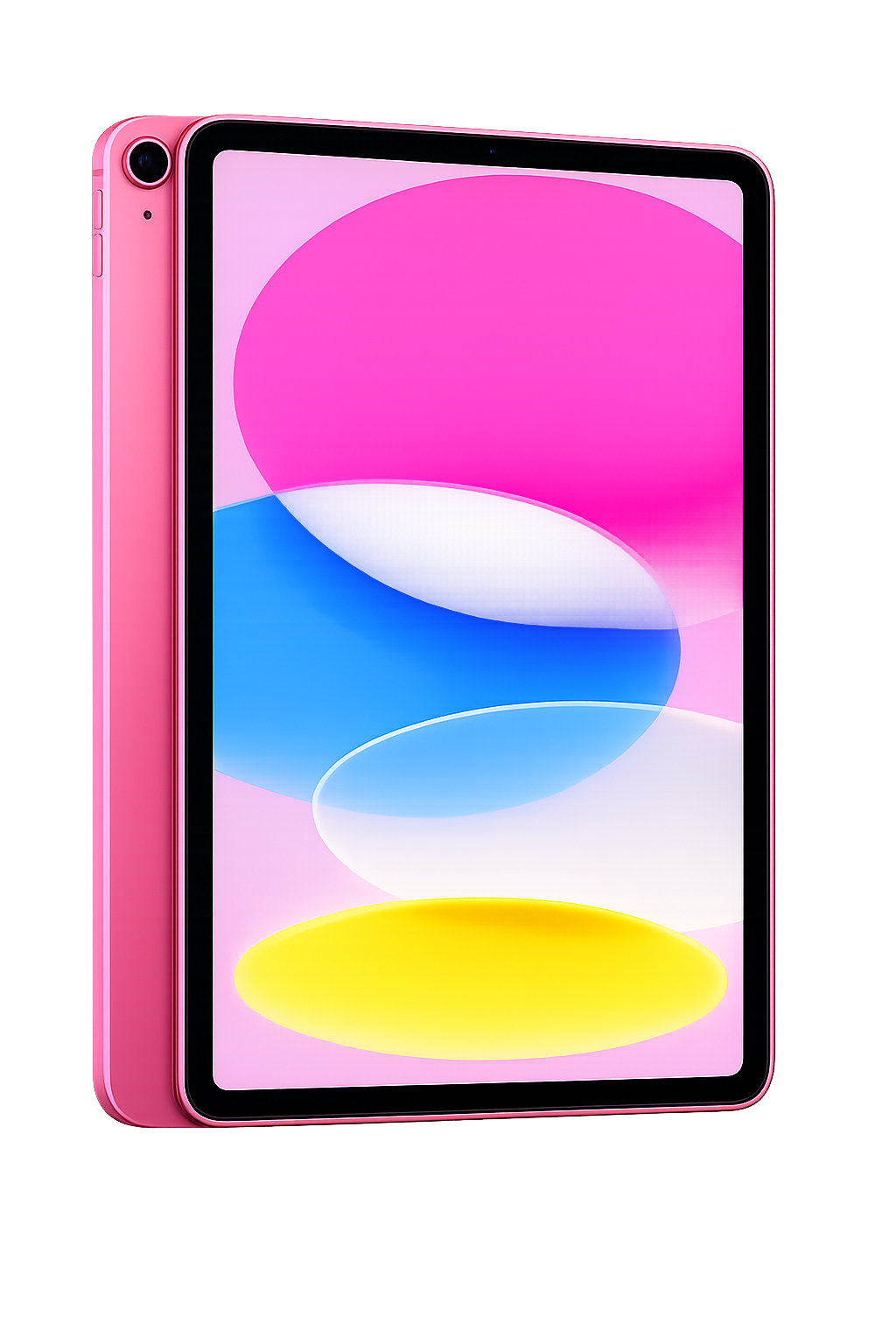 Robuuste roze smartphone met een grote digitaal scherm dat kleurrijke abstracte vormen toont.