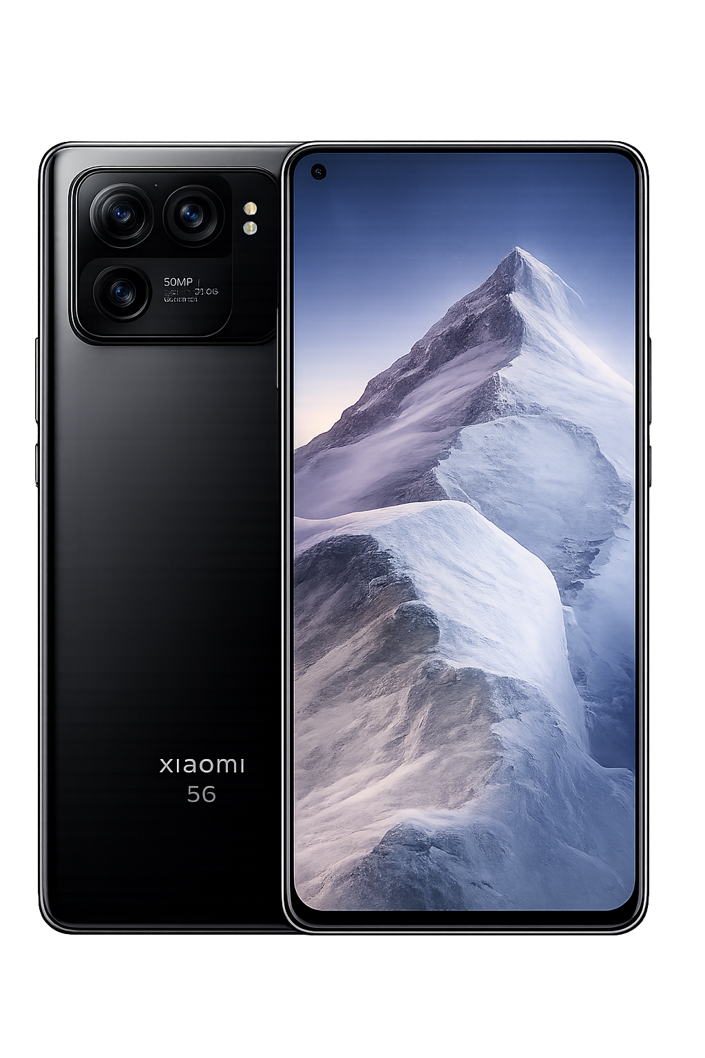 Een nieuwe Xiaomi 56 smartphone met een groot scherm en driedubbele camera aan de achterkant, weergegeven tegen een futuristische achtergrond met rode lichtstralen.