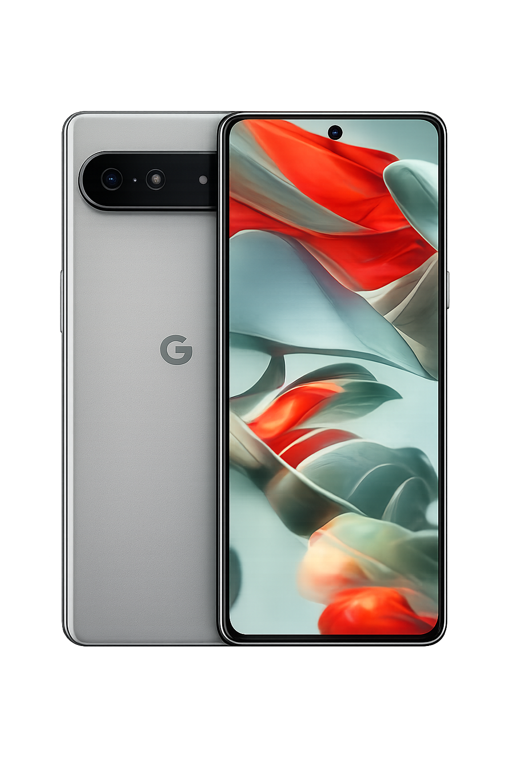 Een nieuw model van de Google Pixel-smartphone, met een grote schermresolutie, drievoudige camera op de achterkant en een minimalistisch ontwerp, gepresenteerd op een podium met kleurrijke verlichting.