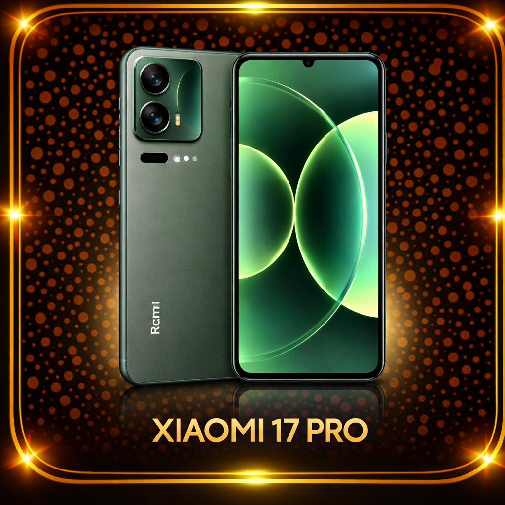Een groene Xiaomi 17 Pro smartphone met een dubbele camera en een groot scherm, weergegeven op een glanzend, zwart en oranje achtergrond met een gouden rand.