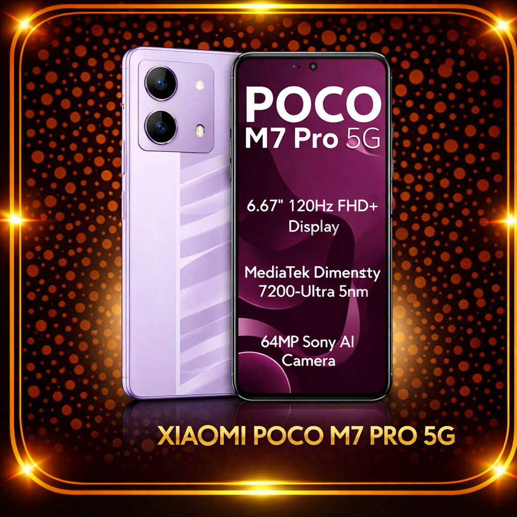 Een afbeelding van de Xiaomi POCO M7 Pro 5G smartphone, met info over het scherm, camera en prestaties, tegen een zwart met oranje gedoteerde achtergrond.