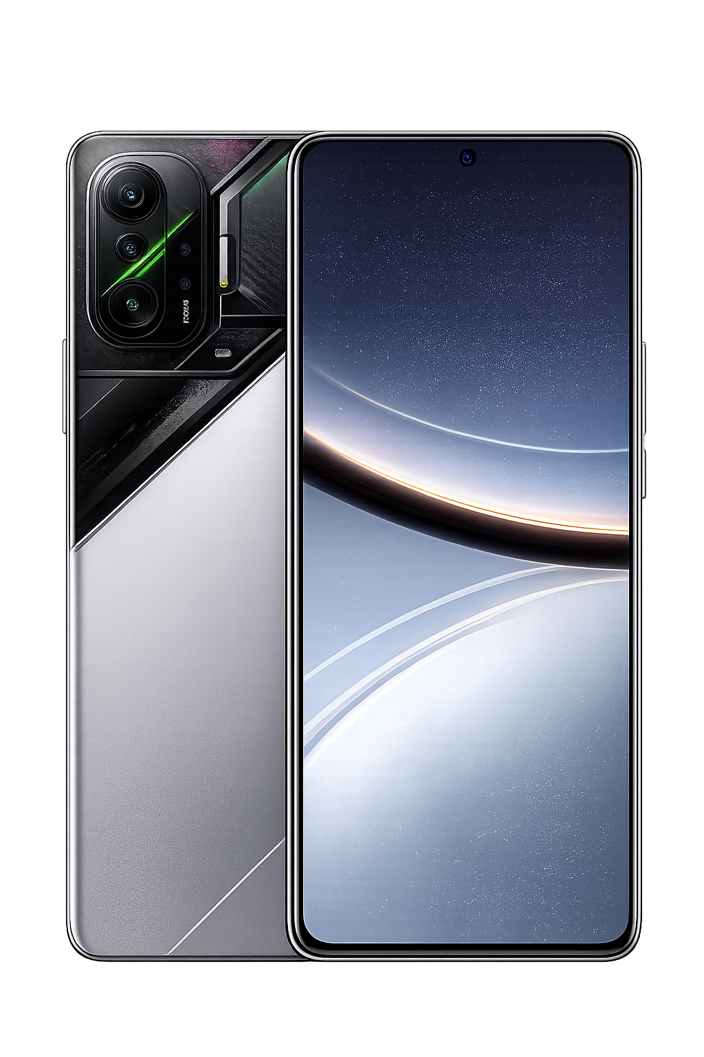 Een moderne smartphones met een groot scherm en drievoudige camera op de achterkant.