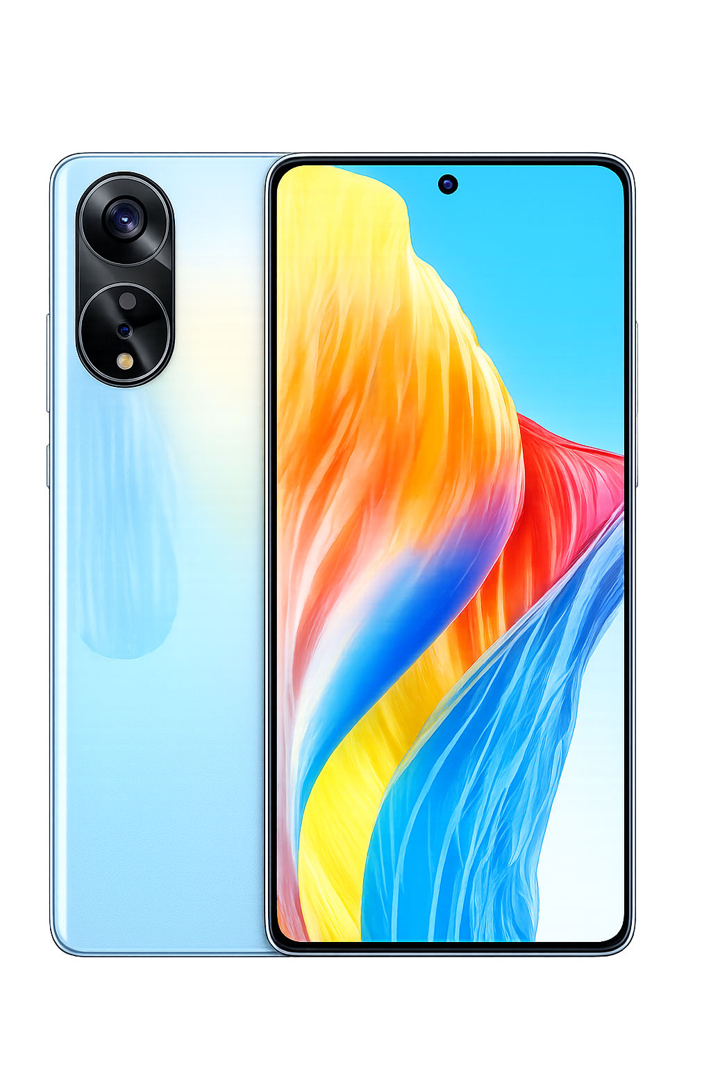 Een smartphone met een groot, kleurrijk scherm en dubbele camera's aan de achterkant.