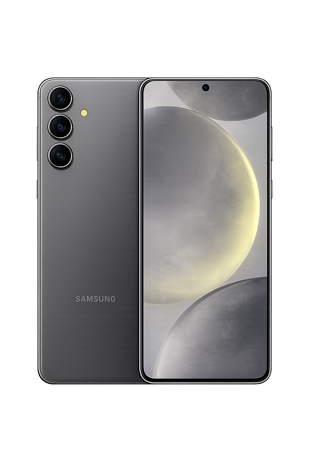 Een nieuwe Samsung smartphone met drie camera's aan de achterkant en een helder scherm met een abstracte achtergrond