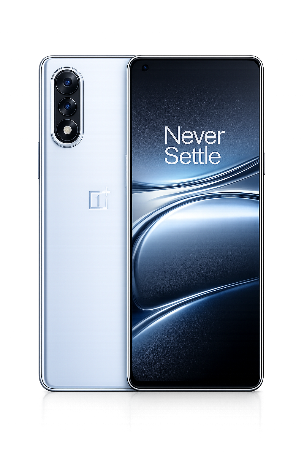 Een smartphone van het merk OnePlus met de slogan 'Never Settle' op het scherm, weergegeven van voor- en achterkant met een drievoudige camera aan de achterkant.