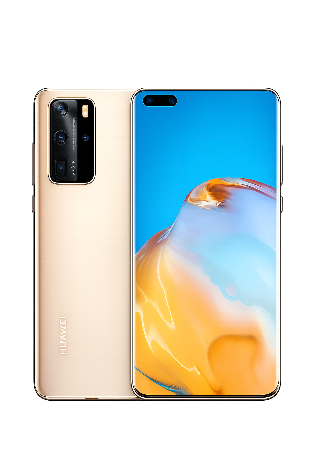 Een nieuwe Huawei-smartphone met een groot scherm en meerdere camera's aan de achterkant, afgebeeld voor een technologische achtergrond.