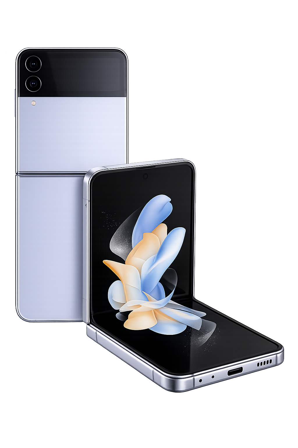 Twee smartphones, een in opstelling met het scherm open en een andere die dichtgaat, met een modern ontwerp en scherpe hoeken, weergegeven tegen een digitale achtergrond met kleurrijke lichten.