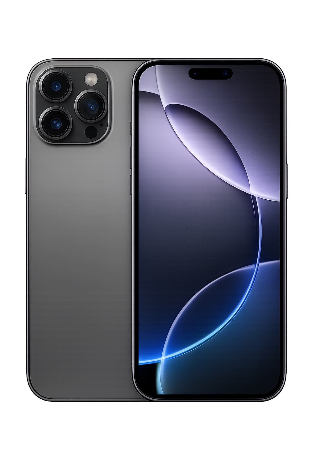 Een smartphone met een grote scherm en drievoudige camerasysteem op de achterkant, weergegeven tegen een donkere achtergrond.
