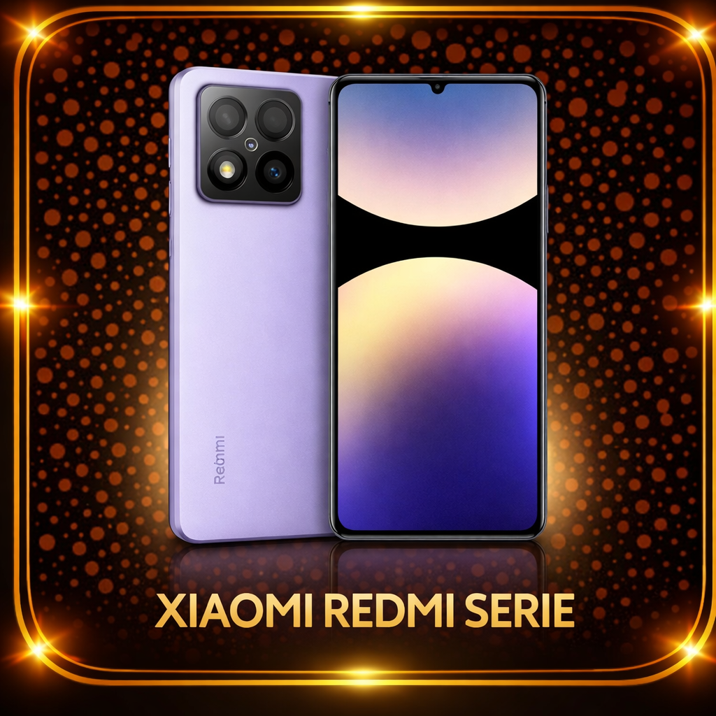 Een afbeelding van een Xiaomi Redmi serie smartphone met een paarse achterkant en een groot scherm. Het apparaat staat op een zwarte en oranje achtergrond met een gouden rand en de tekst 'Xiaomi Redmi Serie' onderaan.