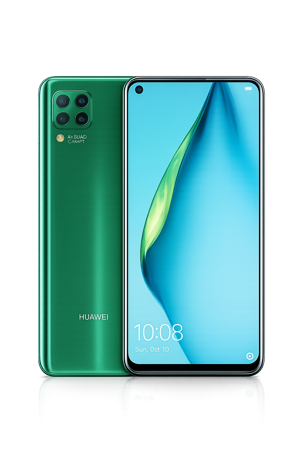 Een groene Huawei-smartphone met een quad-camera achterzijde en een groot scherm, weergegeven in een kleurrijke lichtshow achtergrond.